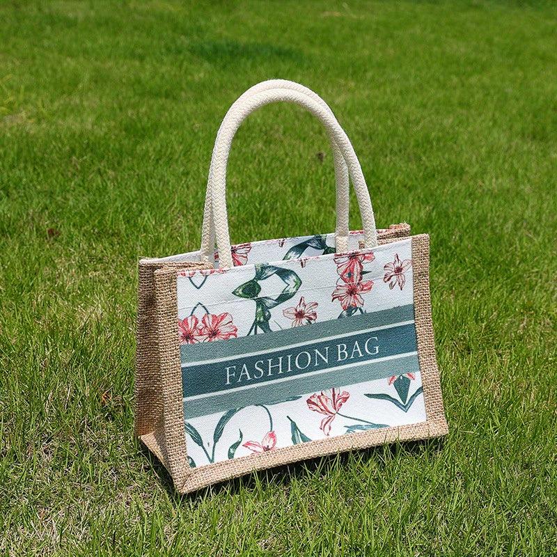 Floral & Letter Print Square Bag Portable Top Double Handles Handbag