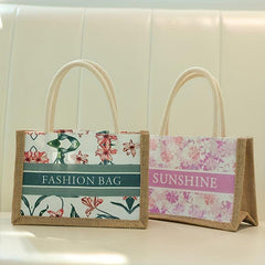 Floral & Letter Print Square Bag Portable Top Double Handles Handbag