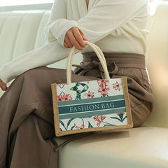 Floral & Letter Print Square Bag Portable Top Double Handles Handbag