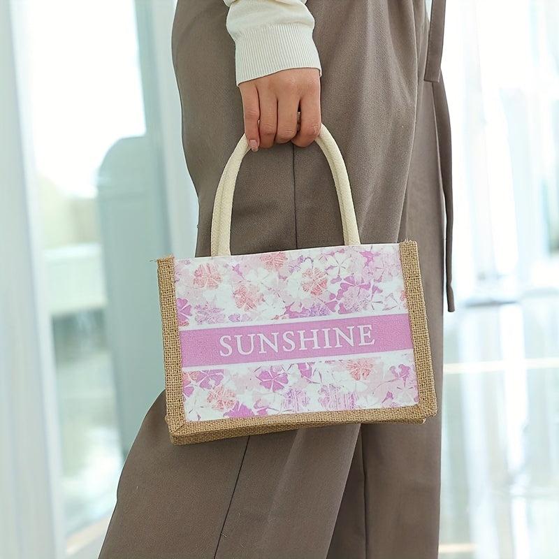 Floral & Letter Print Square Bag Portable Top Double Handles Handbag