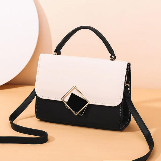 Two Tone Block Top Handle Handbag with Metal Decor Shoulder Bag