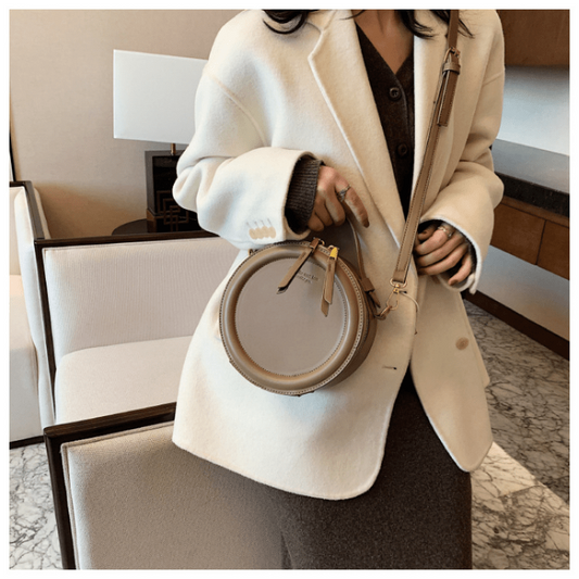 Small Round Crossbody Bag PU Leather Textured Handbag Purse