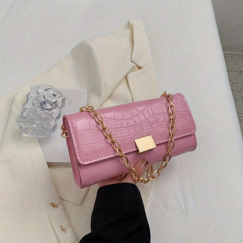 Stone Pattern Metal Chain Underarm Bag PU Leather Textured Bag