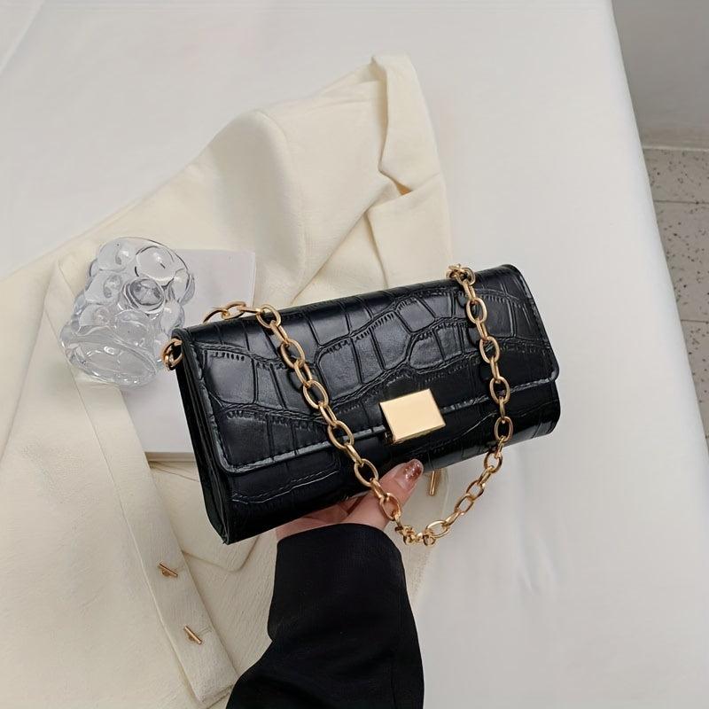 Stone Pattern Metal Chain Underarm Bag PU Leather Textured Bag