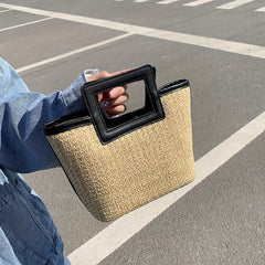 Straw Summer Beach Tote Bag Contrast Binding Double Handle Handbag