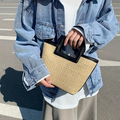 Straw Summer Beach Tote Bag Contrast Binding Double Handle Handbag