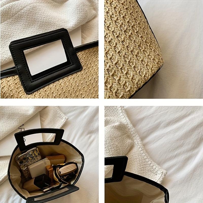 Straw Summer Beach Tote Bag Contrast Binding Double Handle Handbag