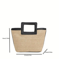 Straw Summer Beach Tote Bag Contrast Binding Double Handle Handbag