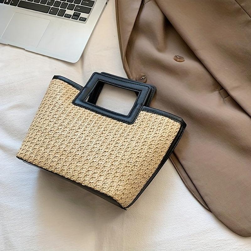 Straw Summer Beach Tote Bag Contrast Binding Double Handle Handbag