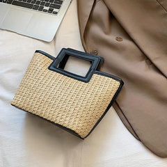 Straw Summer Beach Tote Bag Contrast Binding Double Handle Handbag