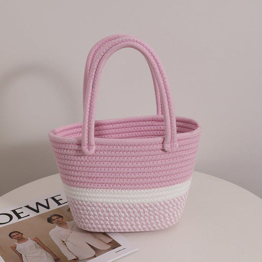 Colorblock Straw Satchel Bag Lightweight Storage Basket Travel Picnic Bag
