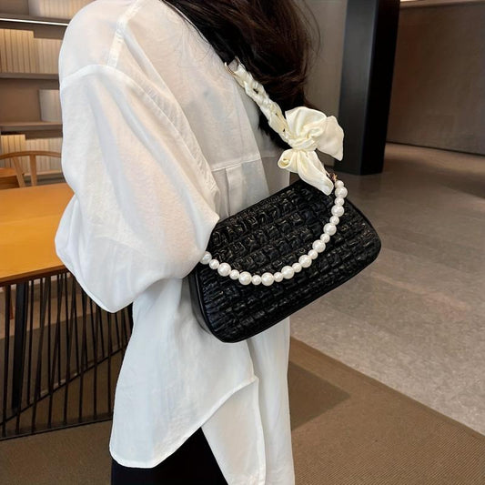 Bow Decor Pearl Metal Chain Crossbody Bag PU Leather Underarm Bag Purse