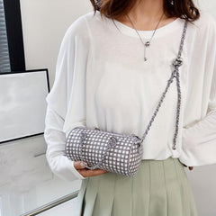 Metal Chain Plaid Barrel Crossbody Bag Lightweight Shoulder Bag