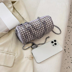 Metal Chain Plaid Barrel Crossbody Bag Lightweight Shoulder Bag