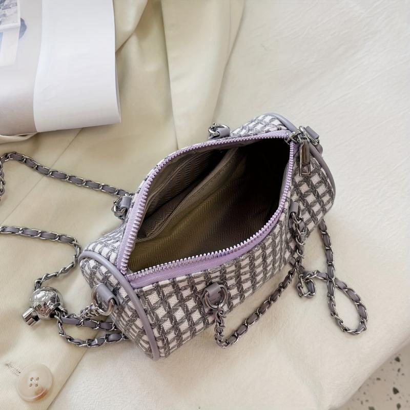 Metal Chain Plaid Barrel Crossbody Bag Lightweight Shoulder Bag