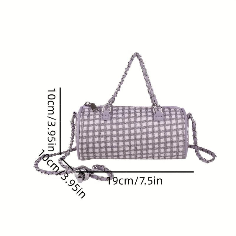 Metal Chain Plaid Barrel Crossbody Bag Lightweight Shoulder Bag