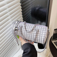 Metal Chain Plaid Barrel Crossbody Bag Lightweight Shoulder Bag