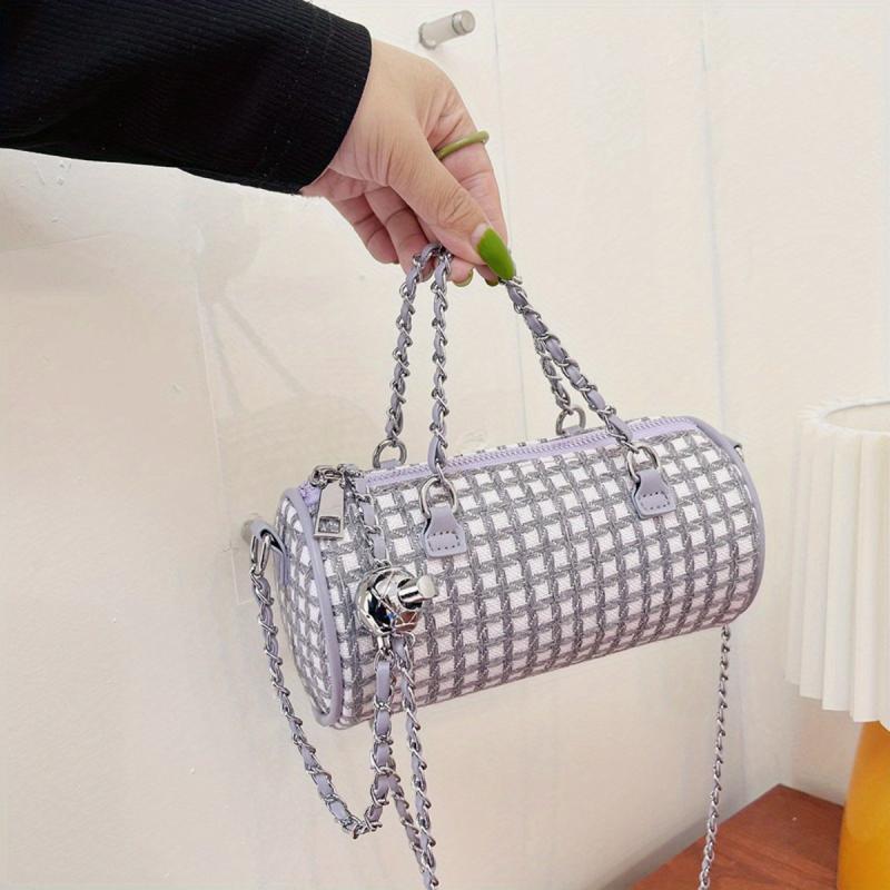 Metal Chain Plaid Barrel Crossbody Bag Lightweight Shoulder Bag