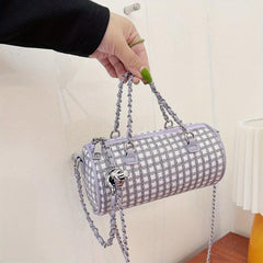 Metal Chain Plaid Barrel Crossbody Bag Lightweight Shoulder Bag