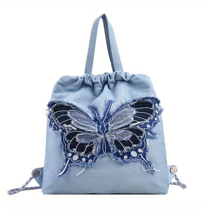 Butterfly Pattern Canvas Drawstring Backpack Y2K Lightweight Rucksack