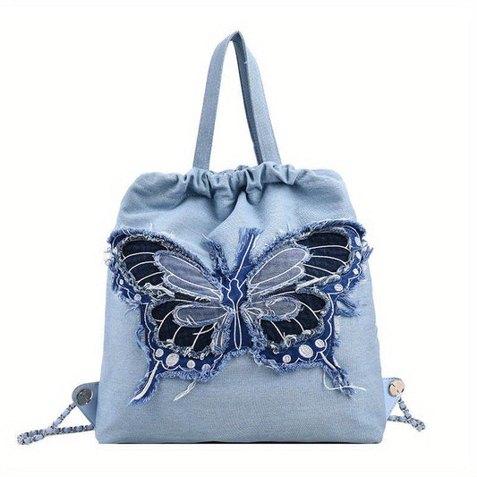 Butterfly Pattern Canvas Drawstring Backpack Y2K Lightweight Rucksack