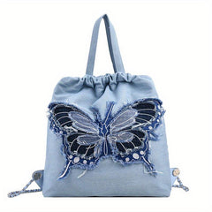 Butterfly Pattern Canvas Drawstring Backpack Y2K Lightweight Rucksack