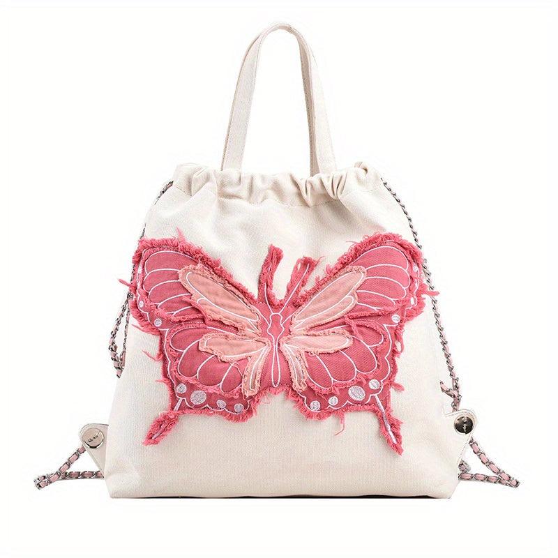 Butterfly Pattern Canvas Drawstring Backpack Y2K Lightweight Rucksack