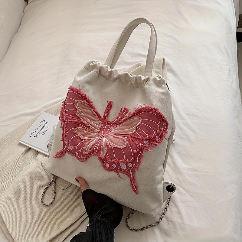 Butterfly Pattern Canvas Drawstring Backpack Y2K Lightweight Rucksack