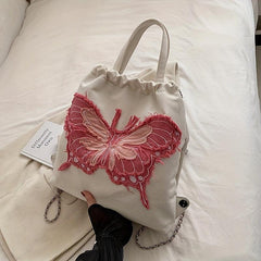 Butterfly Pattern Canvas Drawstring Backpack Y2K Lightweight Rucksack