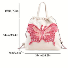 Butterfly Pattern Canvas Drawstring Backpack Y2K Lightweight Rucksack
