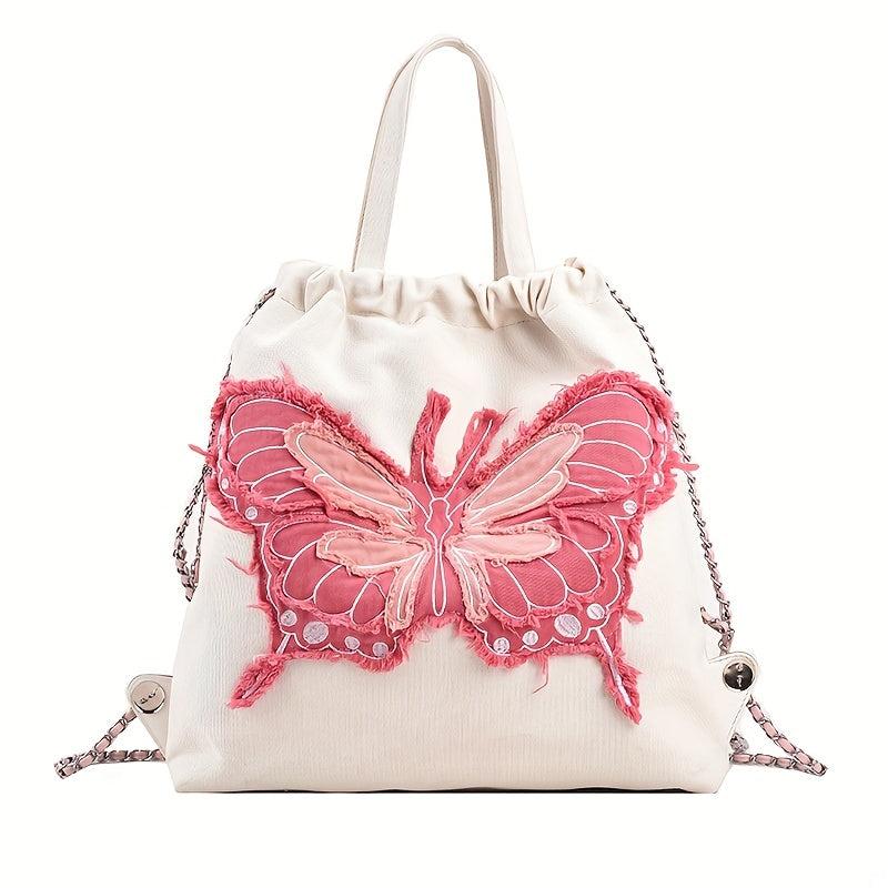 Butterfly Pattern Canvas Drawstring Backpack Y2K Lightweight Rucksack
