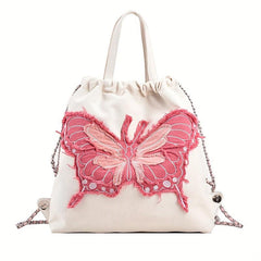 Butterfly Pattern Canvas Drawstring Backpack Y2K Lightweight Rucksack