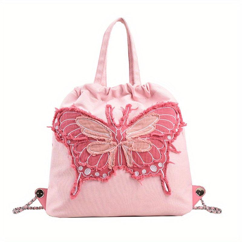 Butterfly Pattern Canvas Drawstring Backpack Y2K Lightweight Rucksack