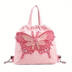 Butterfly Pattern Canvas Drawstring Backpack Y2K Lightweight Rucksack