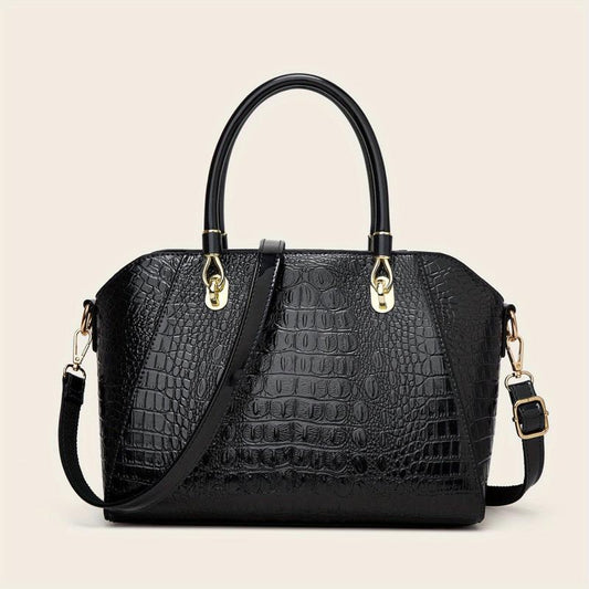 Crocodile Embossed Patent Leather Shoulder Bag Double Handle Tote Handbag