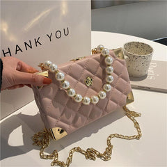 Faux Pearl Beaded Quilted Chain Bag