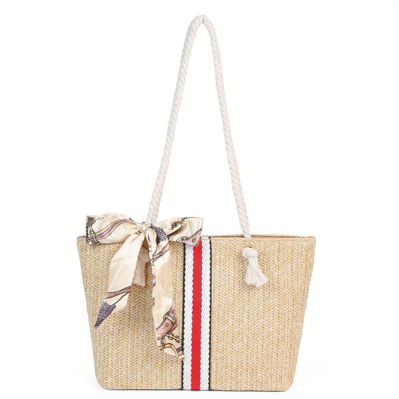 Straw Beach Bag Scarf Decor Shoulder Bag Tote Bag for Travel Vacation