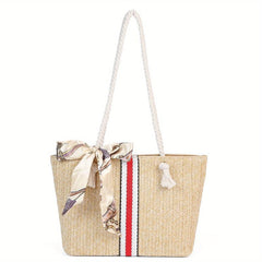 Straw Beach Bag Scarf Decor Shoulder Bag Tote Bag for Travel Vacation