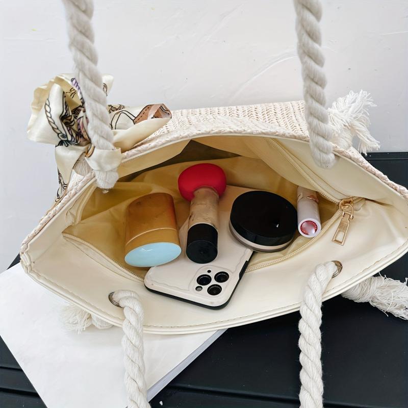 Straw Beach Bag Scarf Decor Shoulder Bag Tote Bag for Travel Vacation