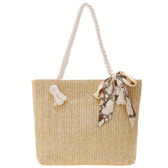 Straw Beach Bag Scarf Decor Shoulder Bag Tote Bag for Travel Vacation