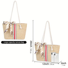 Straw Beach Bag Scarf Decor Shoulder Bag Tote Bag for Travel Vacation