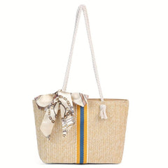 Straw Beach Bag Scarf Decor Shoulder Bag Tote Bag for Travel Vacation