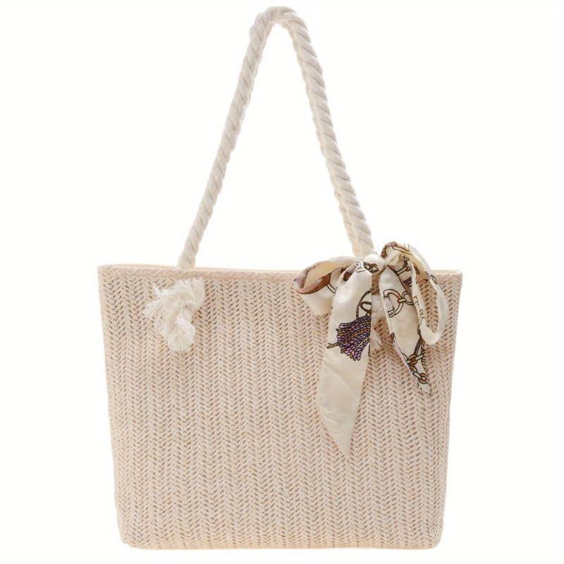 Straw Beach Bag Scarf Decor Shoulder Bag Tote Bag for Travel Vacation