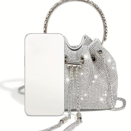 Rhinestone Decor Bucket Bag Chain Crossbody Bag Top Ring Handbag
