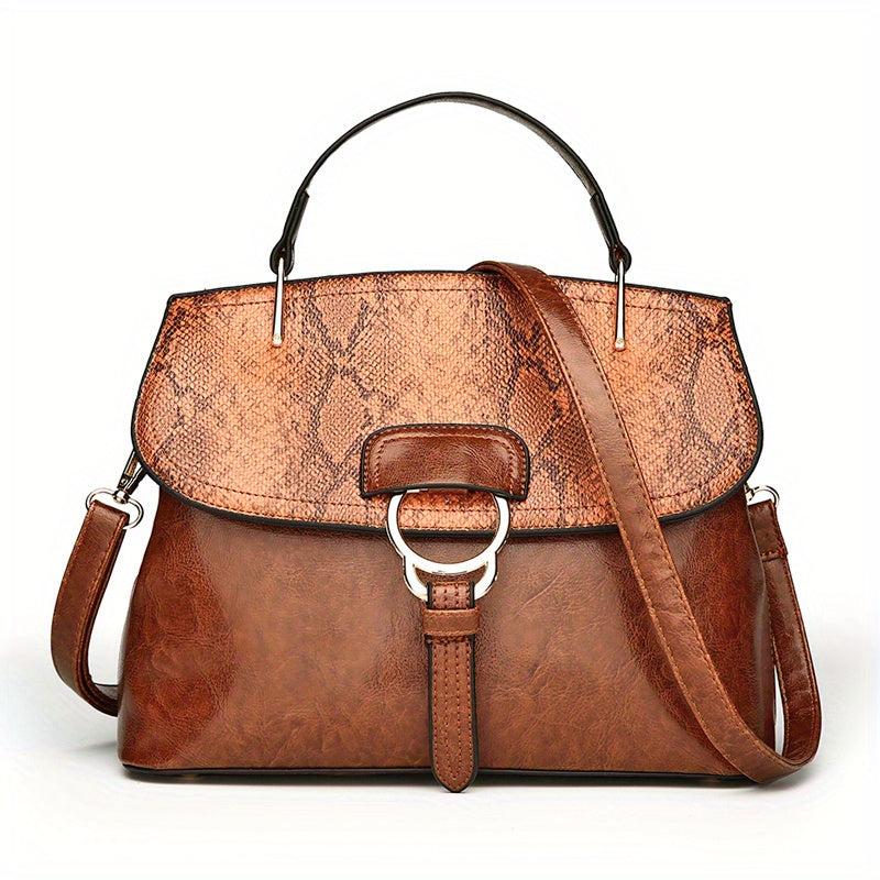 Snakeskin Pattern Top Handle Crossbody Bag PU Leather Textured Bag Purse