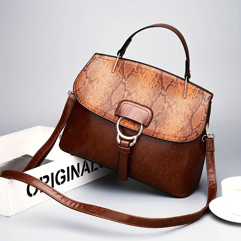 Snakeskin Pattern Top Handle Crossbody Bag PU Leather Textured Bag Purse