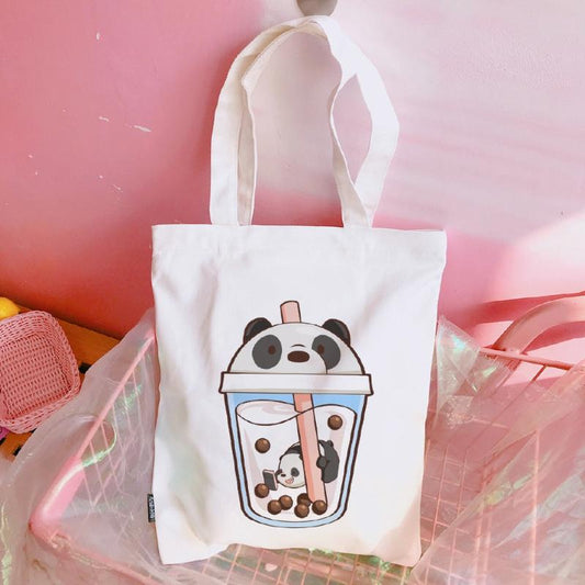 Cartoon Bears & Milk Tea Print Shoulder Bag Lightweight Shopper Bag
