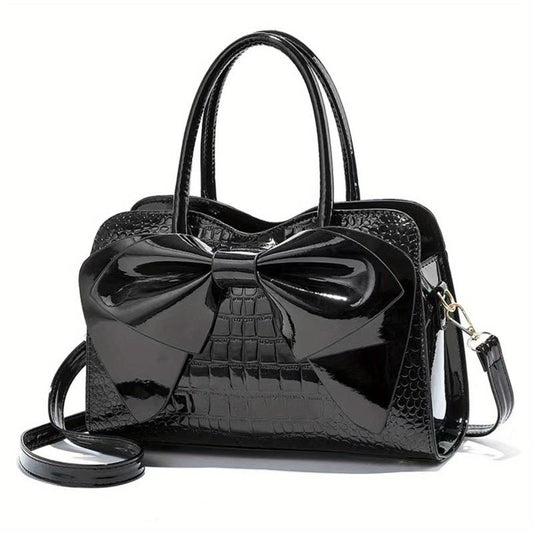 Classic Bowknot Crocodile-Embossed Satchel Bag for Work