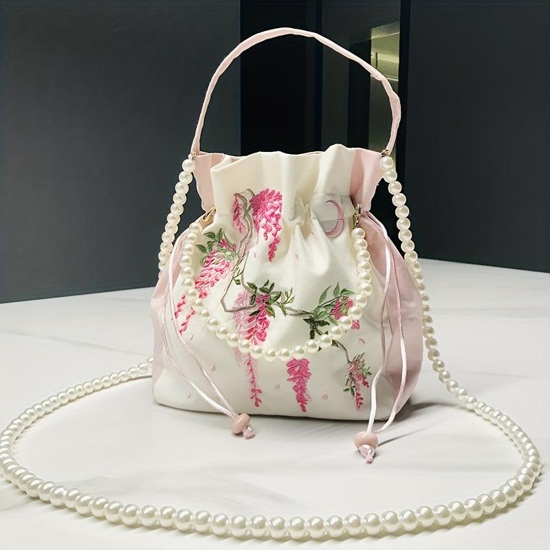 Chinese Style Drawstring Bag Floral Embroidered Bucket Bag Crossbody Purse