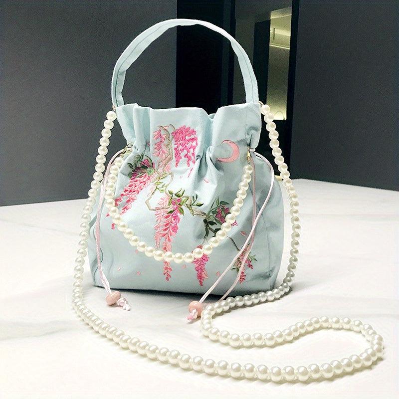 Chinese Style Drawstring Bag Floral Embroidered Bucket Bag Crossbody Purse